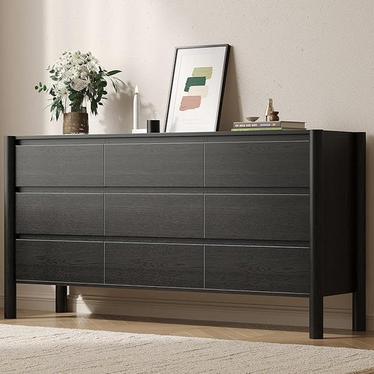 CHUWELL Dresser for Bedroom, 63" Wide Mid Century Modern Chest of Drawers with 9 Large Storage Space and 4 Solid Wood Cylindrical Legs, 9 Drawer Large Dresser for Bedroom(Black)