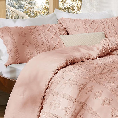 Bedsure Tufted Boho Comforter Set King Size - Light Pink Boho Bed Set, GentleSoft™ 3 Pieces Farmhouse Shabby Chic Embroidery Bedding, Gifts for Woman, Soft Jacquard King Comforter for All Seasons