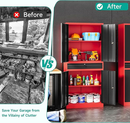 Metal Storage Cabinet with Drawer and Lock,Garage Storage Cabinet with Locking Doors and Shelves,71" Black Red Metal Cabinets,Lockable Steel Tool Cabinets for Garage,Home,Office,Shop
