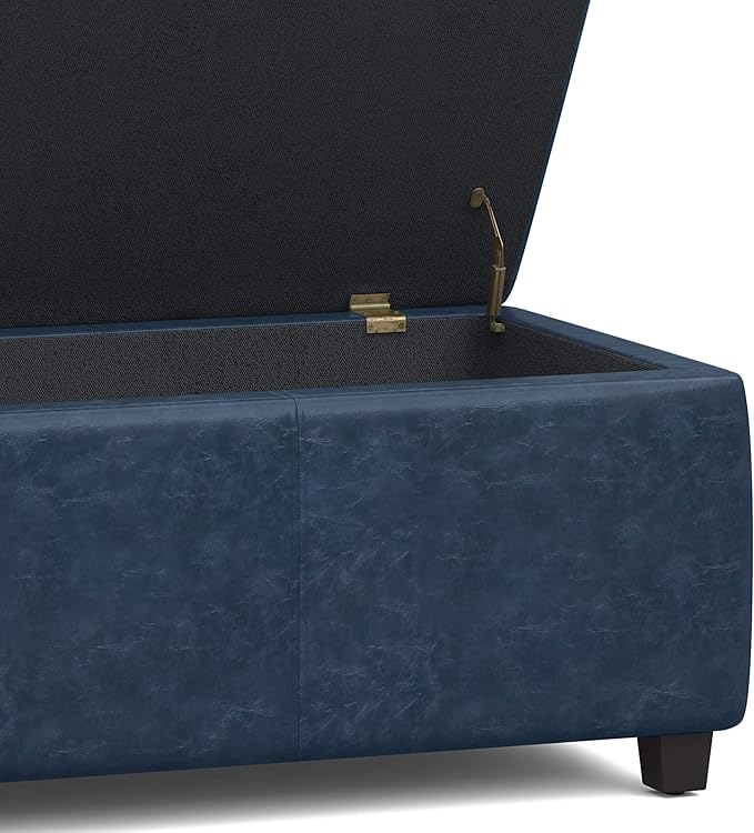 SIMPLIHOME Avalon Storage Ottoman Bench - 48 inch Wide Upholstered Vegan Leather Rectangular Lift-Top Ottoman in Denim Blue, Contemporary Storage Bench for Living Room with High-Density Foam