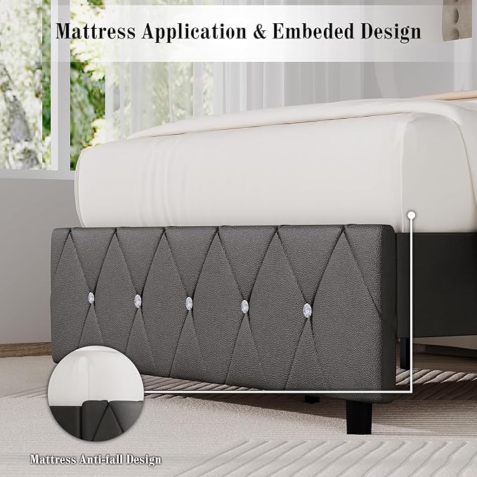 BarnFurin Twin Bed Frame with Diamond Tufted Headboard, Faux Leather Upholstered Bed with Wooden Slats Support, No Box Spring Needed, Mattress Foundation, Easy Assembly, Grey