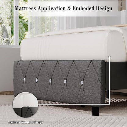 BarnFurin Twin Bed Frame with Diamond Tufted Headboard, Faux Leather Upholstered Bed with Wooden Slats Support, No Box Spring Needed, Mattress Foundation, Easy Assembly, Grey