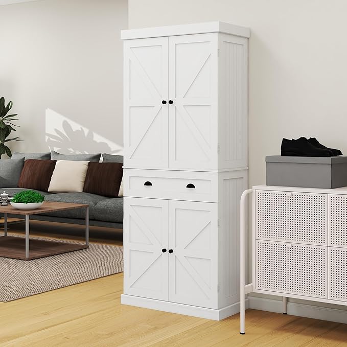 71" Tall Pantry Cabinet with Drawer & 4 Doors, Versatile Storage Cabinet with Adjustable Shelves for Kitchen, Laundry Room, Living Room, Bathroom, White