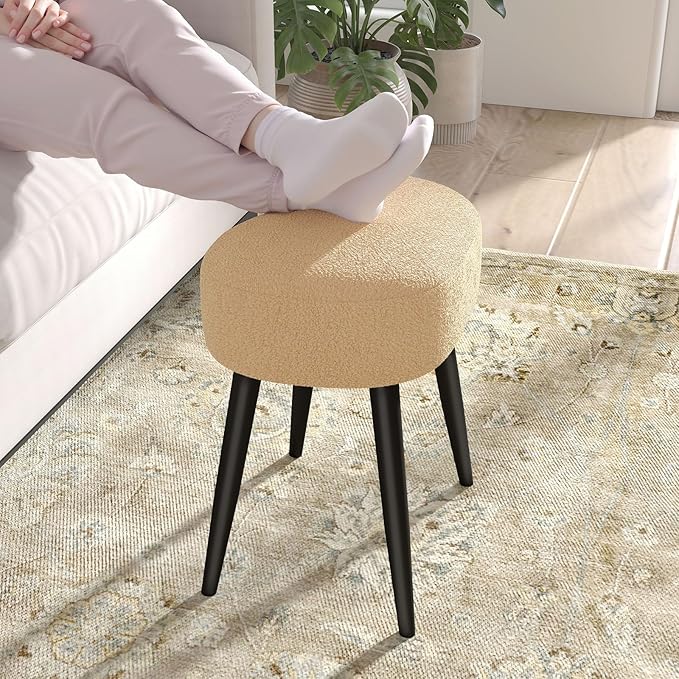 White Vanity Stool, Soft Makeup Stool with Solid Metal Legs for Vanity Corner, Morden Footrest Easy to Assembly（Camel）