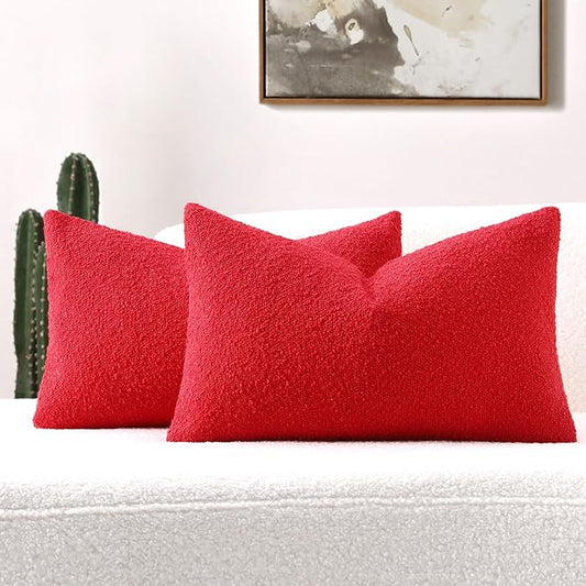 FUTEI Christmas Pack of 2 Red Decorative Throw Pillow Covers 12x20 Inch Soft Cozy Solid Boucle Textured Lumbar Pillow Cases,Modern Home Decor for Couch Bed Living Room