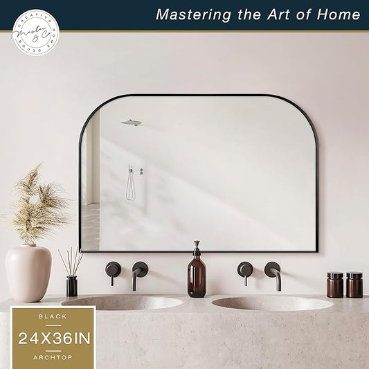 MCS Master & Co. Modern Metal Large Wall Mirror, Minimalist Home Decor Mantle Arch Mirror for Living Room, Bedroom, or Bathroom, 24 by 36 Inch, Black