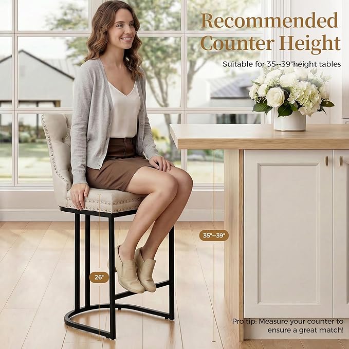 Counter Height Bar Stools Set of 3 for Kitchen Island, Modern Bar Stools with Backs, 26 Inch Barstools with Upholstered Faux Leather Seat and Metal Frame, Beige