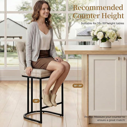 Counter Height Bar Stools Set of 3 for Kitchen Island, Modern Bar Stools with Backs, 26 Inch Barstools with Upholstered Faux Leather Seat and Metal Frame, Beige