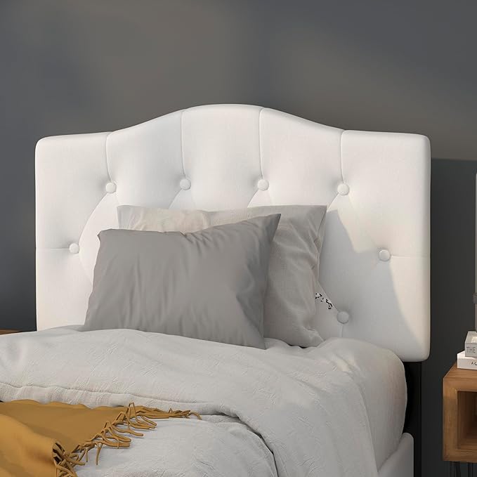 EMMA + OLIVER Twin Size Tufted Upholstered Headboard with Adjustable Metal Bed Rail Slots, Modern Fabric Upholstered Twin Headboard, White