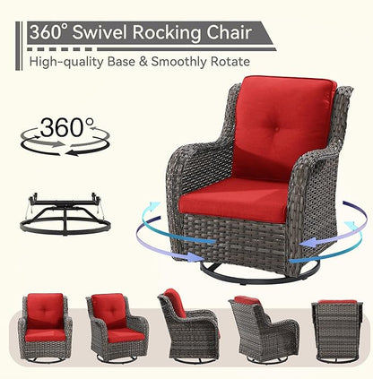 5 Pieces Outdoor Patio Furniture Set - Conversation Set Includes Wicker Swivel Rocker Chairs Set of 2, 2 Ottoman, 3 Seat Sofa, Suitable for Porch, Yard, Mixed Brown Rattan, Red