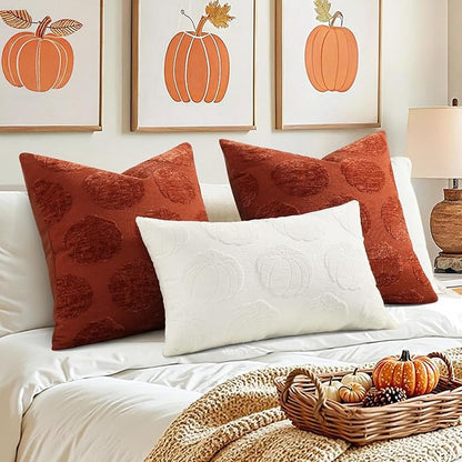 decorUhome Decorative Cream White Pumpkin Thanksgiving Throw Pillow Covers 18x18 Set of 2, Soft Chenille Jacquard Farmhouse Textured Pillow Covers for Couch Bed Sofa Autumn Harvest Halloween Holiday