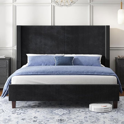 HOWE King Size Upholstered Bed Frame, Wingback Platform Bed with 50.8" Headboard, Corduroy/Solid Wood Leg/No Box Spring Needed/Noise Free/Black
