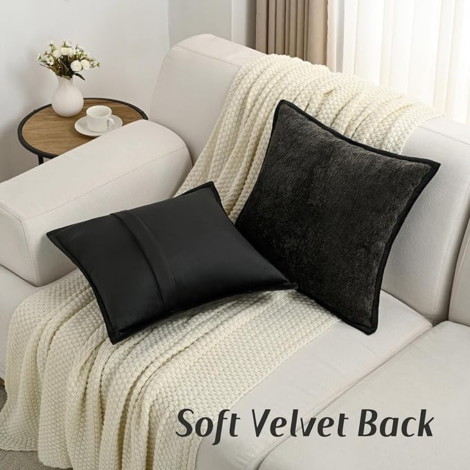 FUTEI Black Chenille Throw Pillow Covers 24x24 Inch Set of 2,Soft Cozy Bound Edge Design European Cushion Cover,Home Decor for Couch Bed Living Room