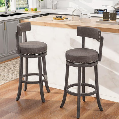 COSTWAY Bar Stools Set of 2, Upholstered Farmhouse Bar stools with Cushioned Seat & Backrest, Solid Wood Legs, Footrest, 31” Bar Height Swivel Stools for Kitchen Island, Pub (2, 31'' Seat Height)