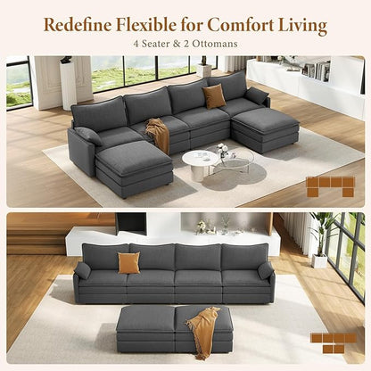 Vesgantti 142" U Shaped Sectional Couch, Comfy Cloud Modular Sectional Sofa with 2 Ottoman Deep Seat Chenille Modern Cloud Sofa, Modular Sofas for Living Room, Bedroom and Apartment, Gray