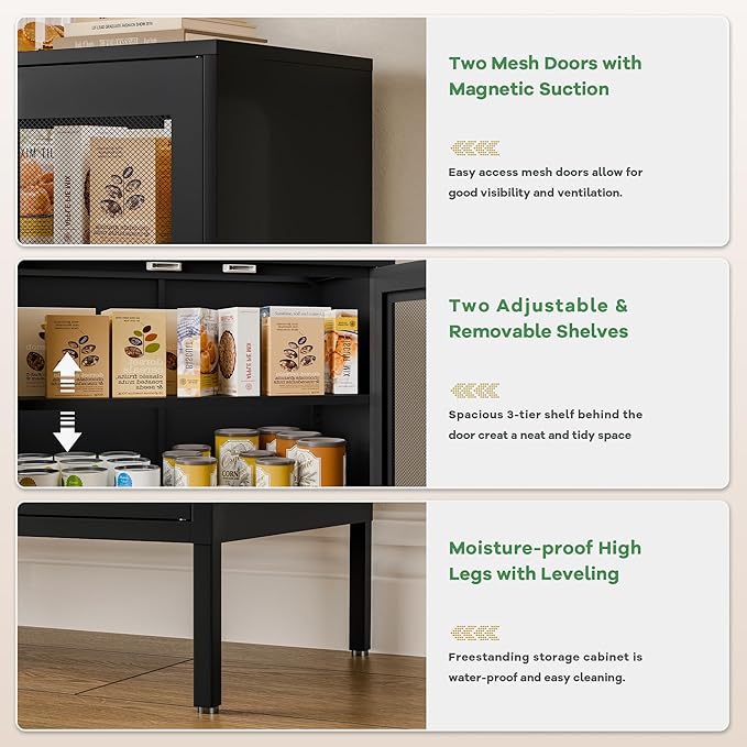 Bathroom Floor Storage Cabinet,40" H Metal Locker, Small Black Cabinets with 2 Adjustable Shelves & 4 Doors,Freestanding Sideboard,Pantry Food Cabinet for Hallway,Home Office, Kitchen