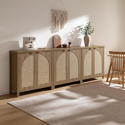 SICOTAS 68" W Rattan Sideboard Buffet Cabinet with Storage Set of 2, Mid Century Modern Credenza with Arch Doors & Shelves Farmhouse Coffee Bar Media Console Cabinets for Living Room, Entryway