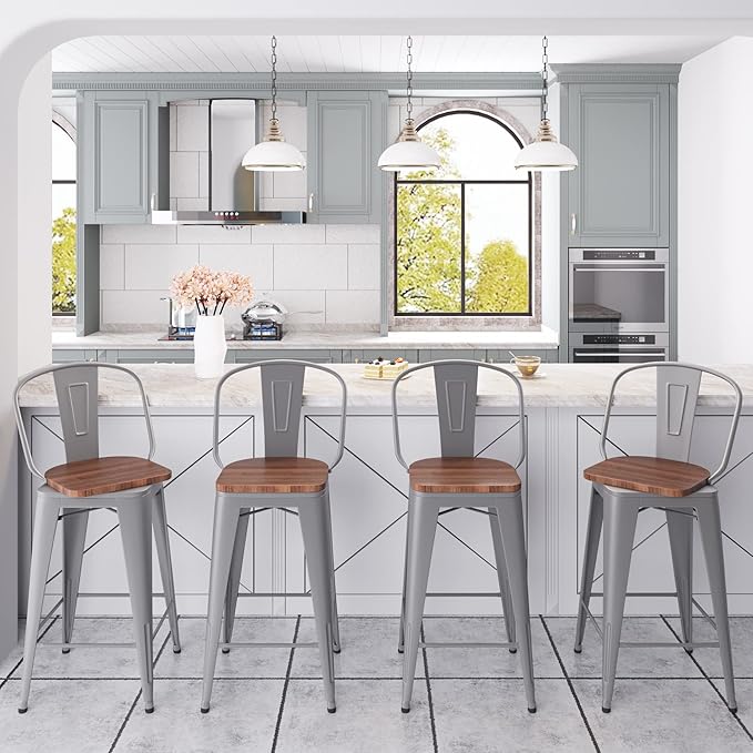 Aklaus Swivel Metal Bar Stools Set of 4 Counter Bar Stools with Back Counter Height Stools Swivel Metal Bar Chairs Wooded Seat 30 Inch Silver