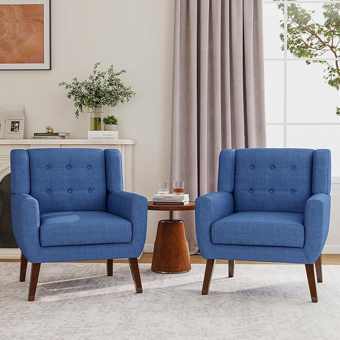 Accent Chairs Set of 2, Modern Fabric Armchairs for Living Room, Comfy Upholstered Arm Chairs Tufted for Indoor Bedroom Office Room (Blue)