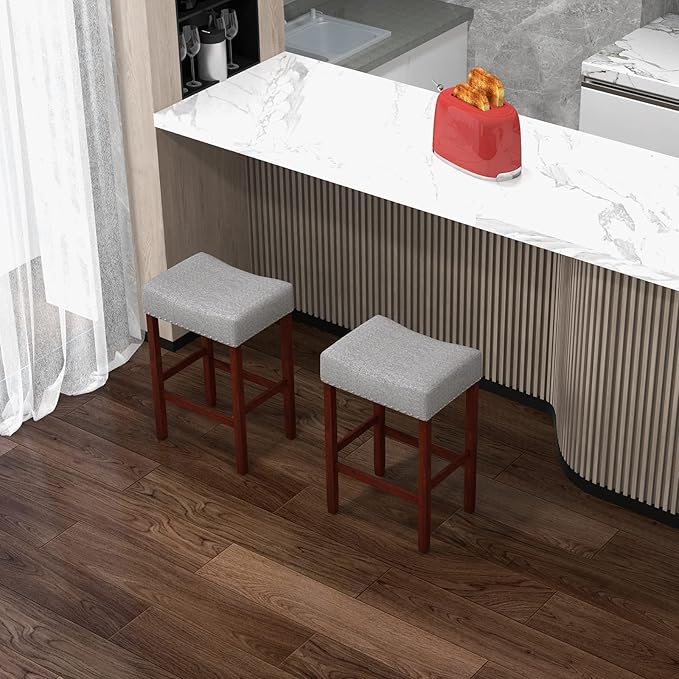 COSTWAY Counter Height Bar Stools Set of 4, 25-inch Backless Saddle Stools with Nailhead Trim, Rubber Wood Frame, Footrest, Max Load 330 Lbs, Upholstered Barstools for Kitchen Island Pub, Grey
