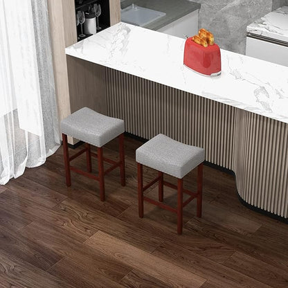 COSTWAY Counter Height Bar Stools Set of 2, 25-inch Backless Saddle Stools with Nailhead Trim, Rubber Wood Frame, Footrest, Max Load 330 Lbs, Upholstered Barstools for Kitchen Island Pub, Grey