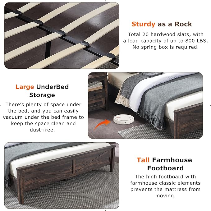 T4TREAM Farmhouse Queen Size Bed Frame w/Storage Bookcase Headboard, Sliding Barn Door, Charging Station, Rustic Wood Platform Bed w/Wood Slats Support, No Box Spring Needed, Dark Rustic Oak