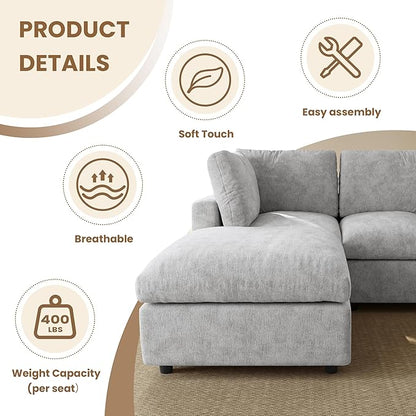 WJShome Modern Sectional Sofa 134 Inch 4-Seater Cloud Couch with Chenille Deep Seat Couches for Living Room, Bedroom and Apartment，Gray