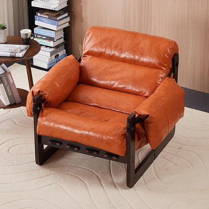 Furnilivng Modern Lounge Accent Chair, Comfortable Oil Waxed Leather Arm Chair with Sturdy Wood Frame, Upholstered Cozy Sofa Chair for Living Room, Bedroom, Dressing Room, Home Office, Retro Orange