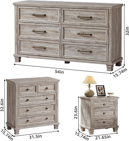 Farmhouse Bedroom Dresser and Nightstand Set of 4, 6 Drawer Low & 5 Drawers Dresser & 3 Drawer Nightstand Set with Wooden Legs, Rustic Wood Bedroom Furniture for Livingroom, Hallway, Grey