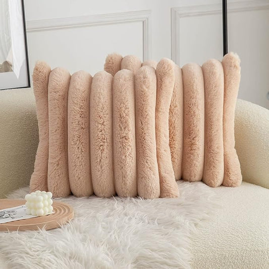 Neelvin Camel Faux Fur Cozy Soft Striped Decorative Throw Pillow Covers 22x22 inch Set of 2,Velvet Pillowcase Cushion Case for Sofa Couch