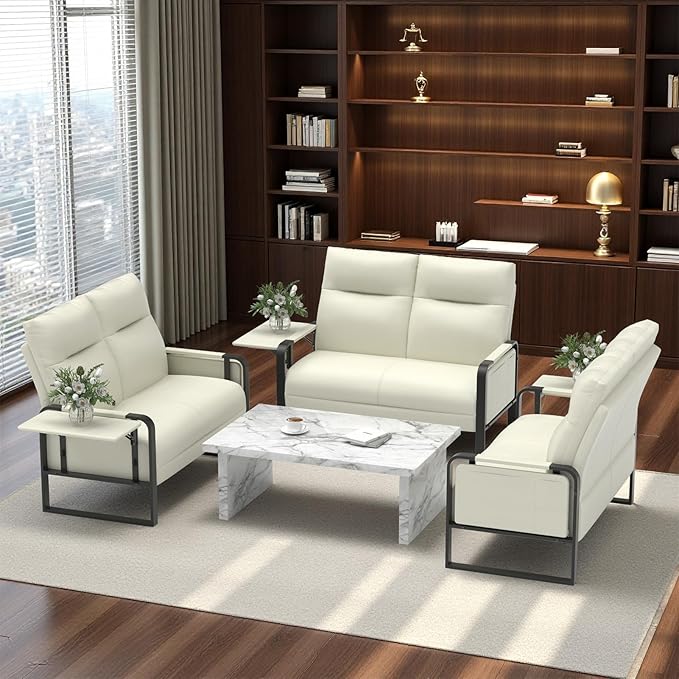 Modern Leather Loveseat, Small Sofa with Side Tray & Pocket, Upholstered Mini Couch for Living Room, Office, Guest Room, Beige