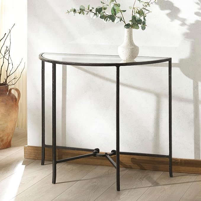 SAFAVIEH Couture Collection Tauri Black & Clear Glass Metal Half Moon Console Table (Fully Assembled)