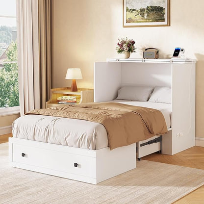 Murphy Bed with Built-in Charging Station, Space-Saving Murphy Bed Chest Twin with Drawer, Foldable, for Home Office Guest Room Bedroom White