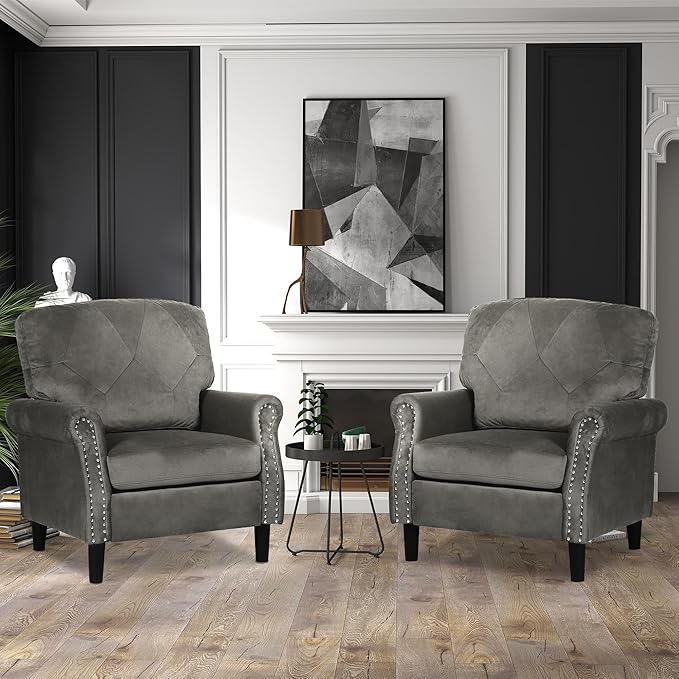 Accent Chairs for Living Room, Set of 2 Mid-Century Modern Upholstered Armchairs, Comfy Velvet Chair w/Wood Legs & Nailhead Trim, Wingback Chair for Bedroom, Grey