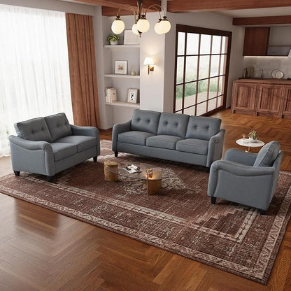 3 Piece 6-Seater Living Room Sofa Set, Modern Upholstered 3-Seater Sofa, Loveseat & Armchair, Handmade Nailhead Trim, Ergonomic Deep-Seat Couch for Living Room (Gray, Rolled Arm)