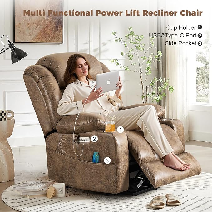 HUSFU Oversized Power Lift Recliner Chairs for Elderly with Massage and Heat, Extra Wide Recliners,Breathable Leather Lift Chairs w/Cup Holders, USB & Type-C Ports, Brown,2PCS