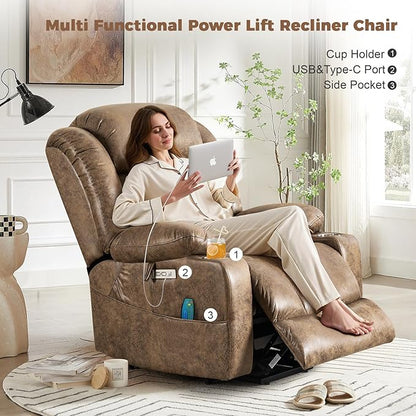 HUSFU Oversized Power Lift Recliner Chair with Massage and Heat for Elderly, Electric Leather Recliner with 2 Cup Holders, Side Pocket and USB Port,Brown