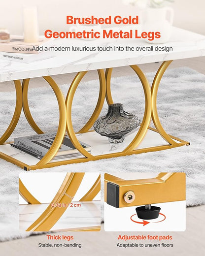 VEVOR Coffee Table, Modern Faux Marble Coffee Table, Large 2-Tier Rectangle Center Desk with Geometric Legs, Minimalist Sturdy Metal Frame Accent End Desk for Living Room, Office, Easy Assembly, White