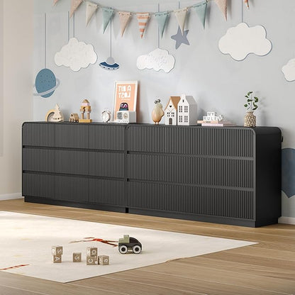 Dresser for Bedroom with 9 Drawers, Fluted Chest of Drawers with Round Curved Corner, Hidden Handles, Modern Wood Storage Organizer for Bedroom, Nursery, Living Room