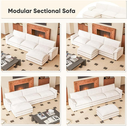 Furniwell Modular Sectional Sofa with Moveable Ottoman, Oversized 3-Seater Couch with Supportive Backrest, Chenille Convertible Sofa Couches for Living Room/Apartment (Whtie, L Shaped)