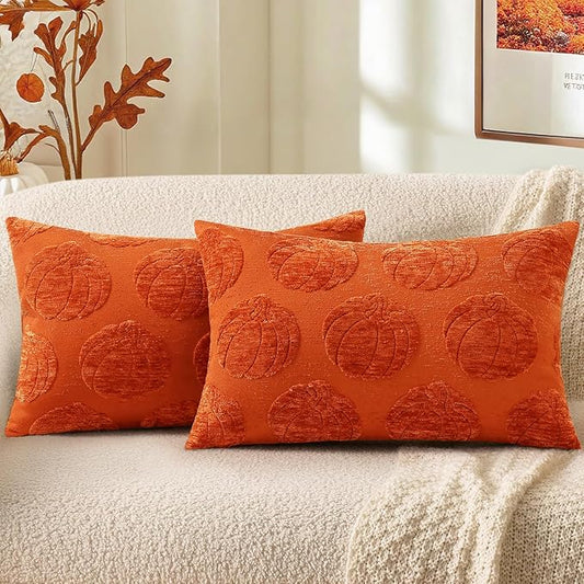 decorUhome Decorative Rust Pumpkin Thanksgiving Throw Pillow Covers 12x20 Set of 2, Soft Chenille Jacquard Farmhouse Textured Pillow Covers for Couch Bed Sofa Autumn Harvest Halloween Holiday