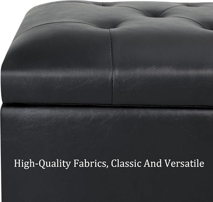 Leather Storage Ottoman Bench with 360° Caster Wheels, 24" Black Rectangle Rolling Ottoman with Storage, Foot Rest Bench Rectangle Ottomans Stool for Living Room Bedroom