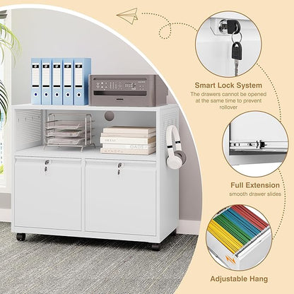 Mobile Filing Cabinet with Lock,Metal Lateral File cabinets Printer Stand with Storage Cabinets for Home Office,A4/F4/Letter (White)