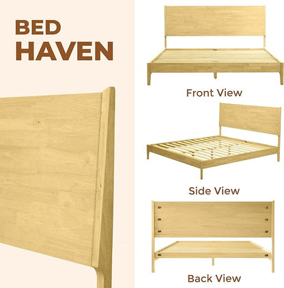 Acacia Haven King Size Bed Frame and Headboard, King Size Platform Bed Frame Scandinavian Wood Bed Compatible with All Mattress Types, No Box Spring Needed, 800lbs Wood Slats Support, Oak