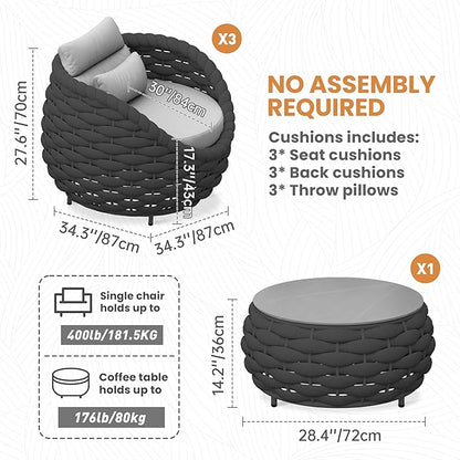 4 Pieces Courtyard Seating Set: Aluminum Woven Rope Patio Furniture Chair Set - All Weather Metal Outdoor Conversation Set - Assembled Armchair w/Table for Bistro Deck Porch Balcony Apartment