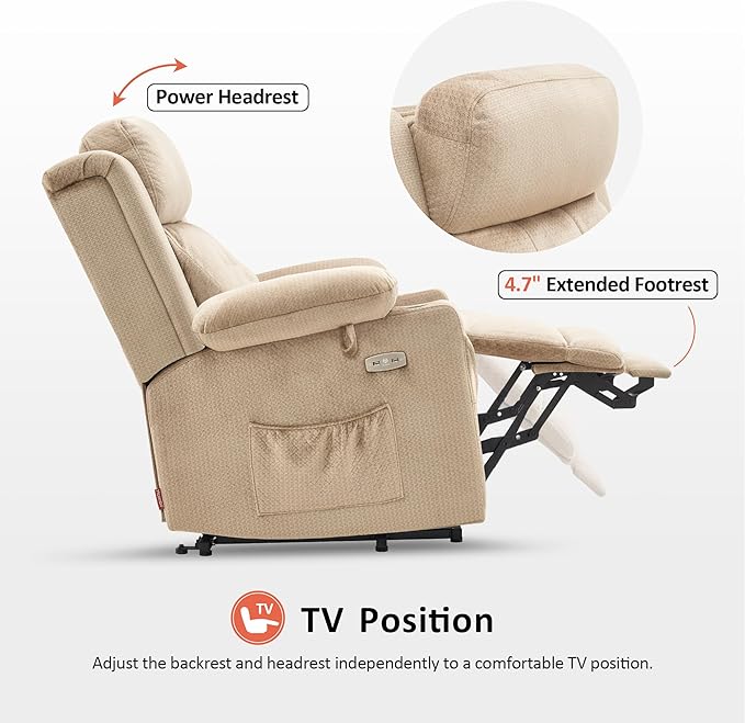 MCombo Medium Triple Motor Power Lift Recliner Chair with Massage and Heat for Elderly People, Adjustable Headrest, Infinite Position, USB Ports, Fabric 7661 (Beige, Medium)