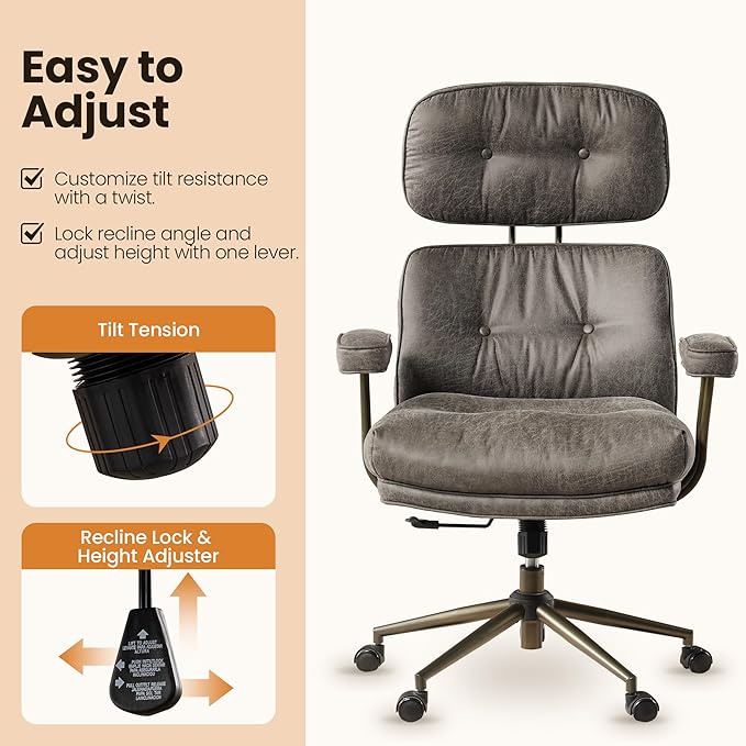 Home Office Desk Chair, Mid-Century Modern Office Chair with Adjustable Lumbar Support, Thickened Cushion Executive Desk Chair with 360 Rolling Swivel for Meeting Game Study Room(Dark Grey)