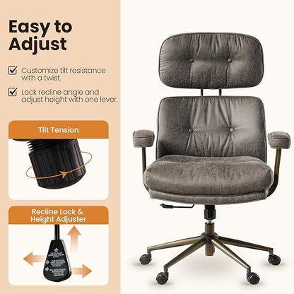 Home Office Desk Chair, Mid-Century Modern Office Chair with Adjustable Lumbar Support, Thickened Cushion Executive Desk Chair with 360 Rolling Swivel for Meeting Game Study Room(Dark Grey)