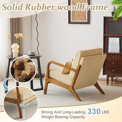 VINGLI Upgraded Premium Corduroy Accent Chair,Upholstered Arm Chair,Solid Wood Comfy Reading Chair with Lumbar Pillow, Mid Century Modern Chairs for Living Room,Bedroom,Guest Room,Dark Beige
