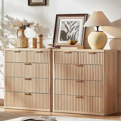 LEYAOYAO Fluted 5 Drawers Dresser for Bedroom, 34" Tall Modern Chest of Drawers with Metal Handle, Curved Profile Design,Natural Wood Drawer Organizer for Bedroom, Living Room, Hallway, Entryway
